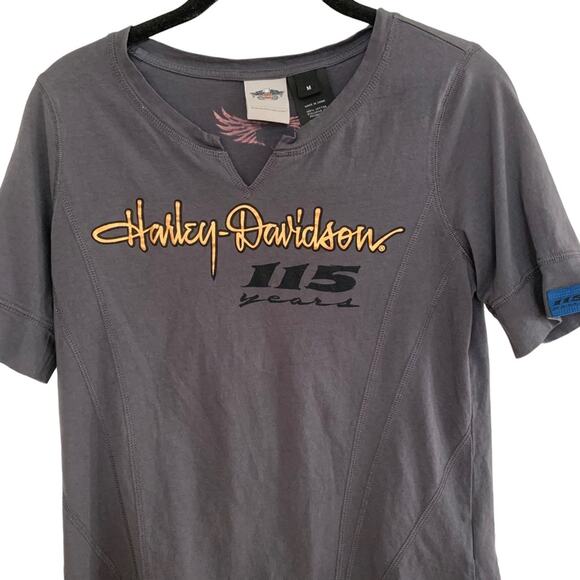 Harley Davidson Grey Split V Neck 115 Years Anniversary Logo Tee Medium - Picture 2 of 6